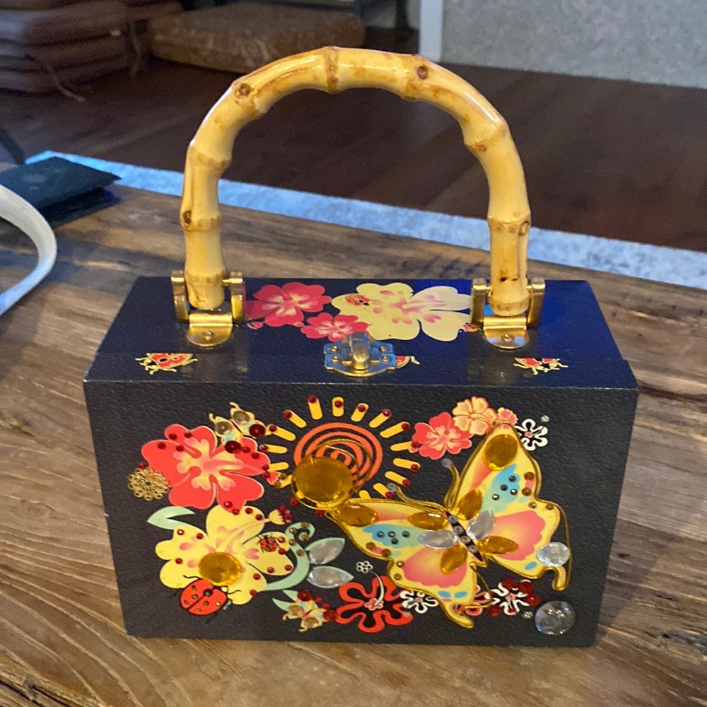 Vintage box butterfly flowers and ladybug hand bag